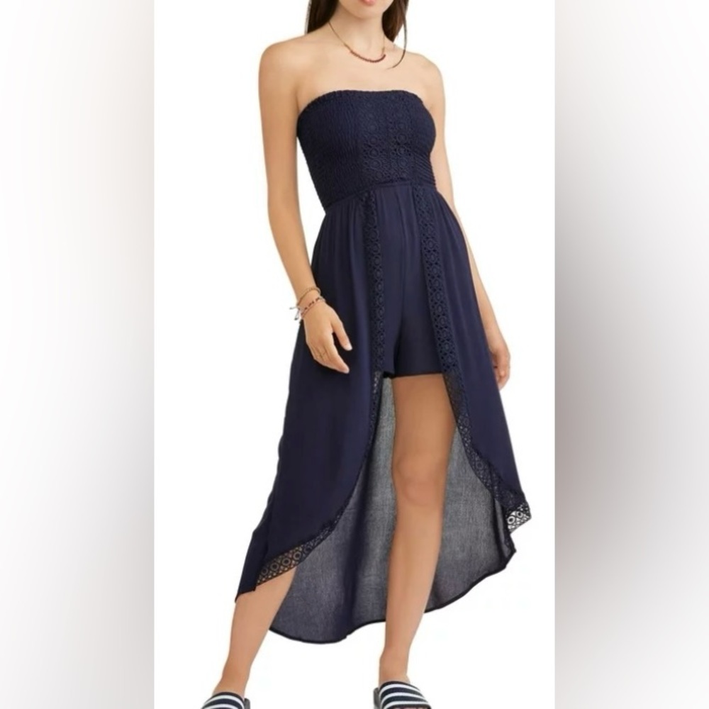 Woman’s Blue sleeveless Smocked dress with built-in romper with crochet trim